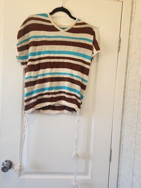 Cato Striped Knit Top - Cream, Brown & Turquoise S Euc
